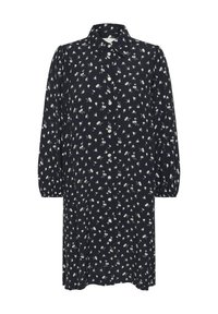 Mørkeblå skjorte-kjole med blomstermotiv, lange pufærmer og krave. Fremstillet af blødt, let stof.
