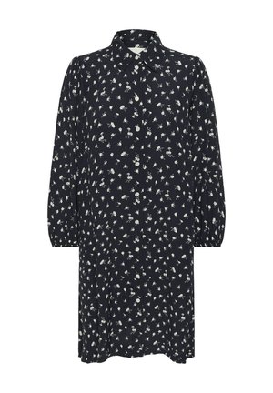 Vestido de botón azul oscuro con un patrón floral, mangas largas tipo globo y cuello con solapa. Hecho de una tela suave y ligera.