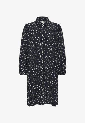 Dark blue button-up dress featuring a floral pattern, long puff sleeves, and a collared neckline. Made of soft, lightweight fabric.