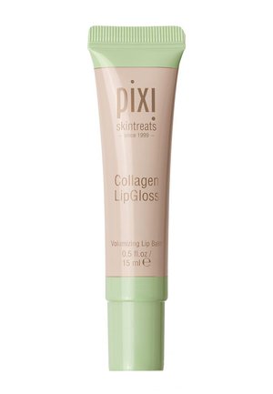 Tube de gloss à lèvres Pixi Collagen, beige avec un bouchon vert, étiqueté comme baume à lèvres volumisant, 15 ml, conçu pour les soins des lèvres et l'amélioration du volume.