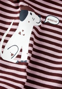 Striped fabric in shades of burgundy and pink features a cartoon dog with a beret, heart patterns, and the text "BONJOUR!" in a speech bubble.