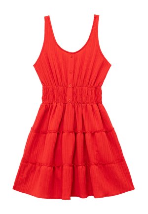 Rotes, ärmelloses Kleid mit runder Ausschnitt, elastischem Bund und Knopfdetails. Hat geschichtete Lagen und strukturierte Stoffe.