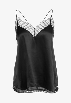 Camisole nera in satin con scollatura a V e delicata bordatura in pizzo a righe trasparente lungo il collo e l'orlo, con sottili spalline regolabili.