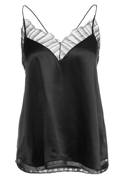 Black satin camisole featuring a V-neck and sheer striped lace trim along the neckline and hemline, with thin adjustable straps.