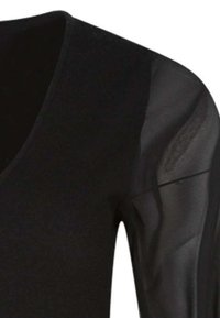 Top nero con scollatura a V, caratterizzato da maniche sheer nere che contrastano con il tessuto solido, texture liscia e senza motivi o hardware visibili.