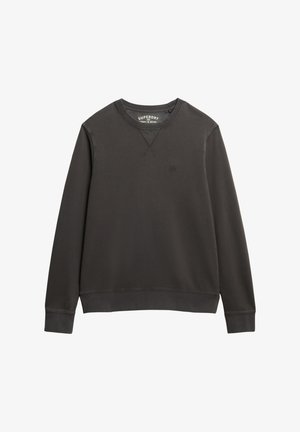 Czarny szary sweter z dekoltem w serek, długimi rękawami, ribbowanymi mankietami i dołem. Posiada małe, wytłoczone logo z przodu. Gładka faktura.