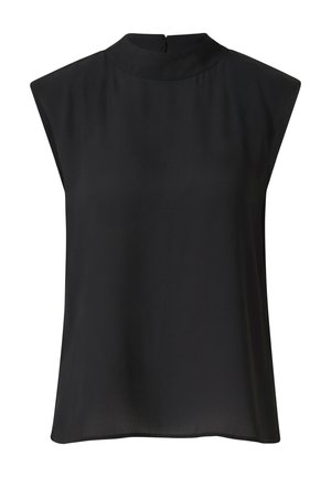 Ärmellose schwarze Bluse mit hohem Rundhalsausschnitt und leichter Schulterpolsterung, gefertigt aus glattem, leichtem Stoff.