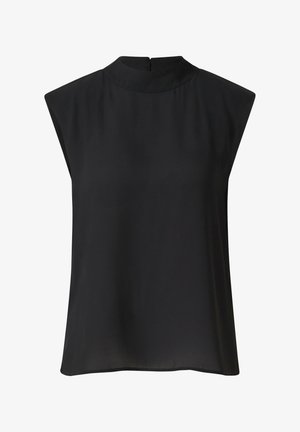 Ärmellose schwarze Bluse mit hohem Rundhalsausschnitt und leichter Schulterpolsterung, gefertigt aus glattem, leichtem Stoff.