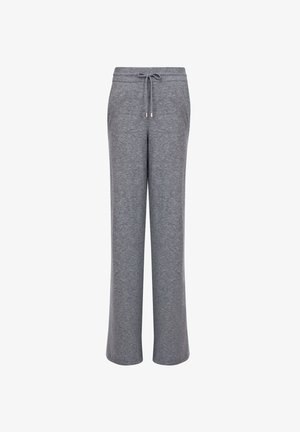 Gray sweatpants with a drawstring waist, wide leg design, made from soft fabric, featuring a subtle heathered texture.