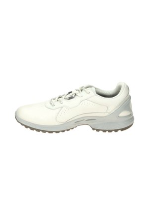 White low-top sneaker with lace-up front, cushioned collar, and textured sole designed for comfort and support.