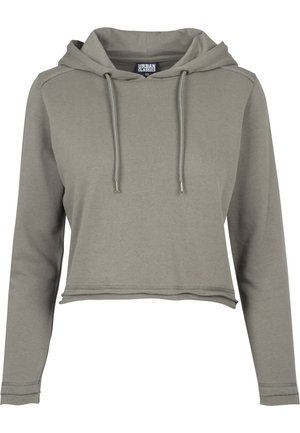 Jasnobrązowa krótka bluza z kapturem z długimi rękawami, sznureczkami z przodu i ściągaczem, oznaczona Urban Classics w rozmiarze XS.