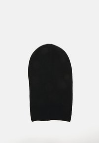 Zwarte gebreide beanie met een ronde bovenkant, met een geribbelde textuur en een naadloos ontwerp, geschikt voor koud weer.