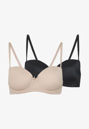 Dos sujetadores en un set: uno beige y uno negro. Ambos tienen tejido suave, soporte de aro, tirantes ajustables y un pequeño detalle de lazo en el centro.