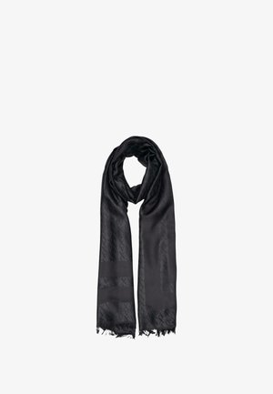 Sciarpa nera realizzata in un tessuto liscio, con un sottile motivo geometrico, bordi frangiati e una consistenza morbida. Misura circa 200 cm di lunghezza.