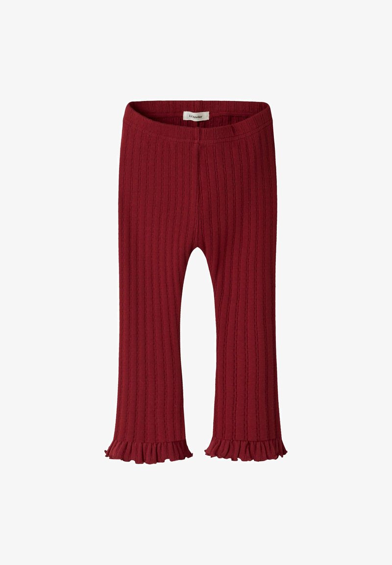 Rybkowane, burgundowe leginsy z rozkloszowanym dołem i falbanami na końcu, wykonane z miękkiego, elastycznego materiału.