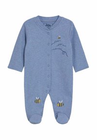 Himmelblaues Baby-Body aus weichem Stoff, mit langen Ärmeln, Druckknöpfen und gestickten Bienen auf der Vorderseite und den Füßen.