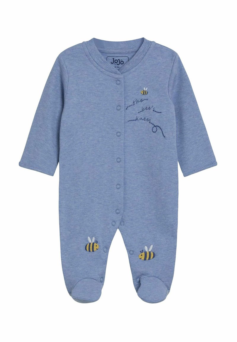 Himmelblaues Baby-Body aus weichem Stoff, mit langen Ärmeln, Druckknöpfen und gestickten Bienen auf der Vorderseite und den Füßen.