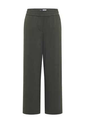 Tmavě olivově zelené široké kalhoty s elastickým pasem, rovný střih a hladká textura látky, zobrazené na jednobarevném bílém pozadí.