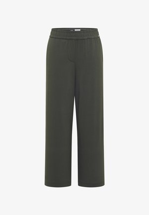 Pantalon large vert olive foncé avec taille élastique, coupe droite et texture de tissu lisse, présenté sur un fond blanc uni.