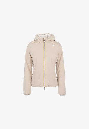 Bežna jakna s kapuco in polnim sprednjim zadrgo, ki ima večbarvne obrobe, elastične manšete in majhen bel logotip na prsih.