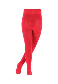 Rote Strumpfhosen aus dehnbarem Stoff, mit einer glatten Textur und einem breiten Bund. Das Design hat keine Muster oder zusätzlichen Akzente.