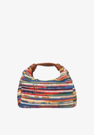 Geweven meerkleurige handtas met een afgeronde vorm, bruine leren handvatten, een metalen ritssluiting als accent en een horizontaal gestreept patroon.