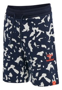 Marineblaue Shorts mit einem weißen Camouflage-Muster, elastischem Bund mit Kordelzug und rotem Hummel-Logo auf der linken Vorderseite.