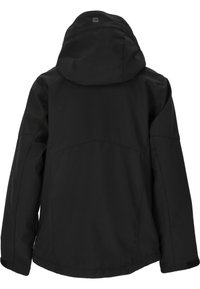 Svart utomhusjacka med huva, slät textur och minimalistisk design. Inga synliga logotyper eller dekorationer, med sömdetaljer som är tydliga.
