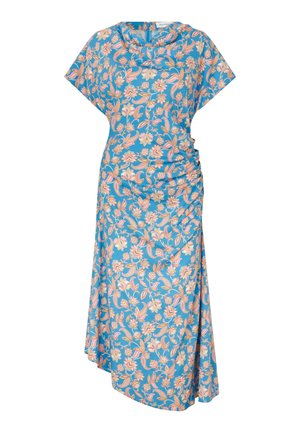 Blauwe midi-jurk met roze en crèmekleurig bloemenpatroon, korte mouwen, geplooide zijkant en asymmetrische zoom.