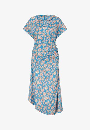 Blaues Midikleid mit rosa und cremefarbenem Blumenmuster, kurzen Ärmeln, geraffter Seitenpartie und asymmetrischem Saum.