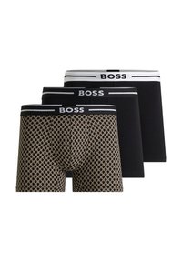 Three pairs of boxer briefs: one black with a patterned gold design, two solid black. All feature white elastic waistbands marked "BOSS."
