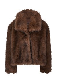 Veste en fausse fourrure marron avec un large col, des manches courtes et une texture douce et moelleuse, présentant une silhouette classique et courte.