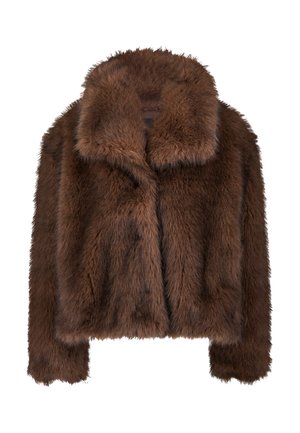 Bruine faux fur jas met een brede kraag, korte mouwen en een zachte, pluizige textuur, met een klassieke, cropped silhouet.