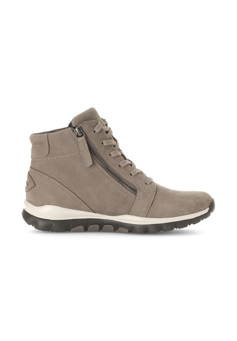 Grey suede ankle boots with a side zipper, textured finish, lace-up front, and black rubber sole featuring a flexible tread design.