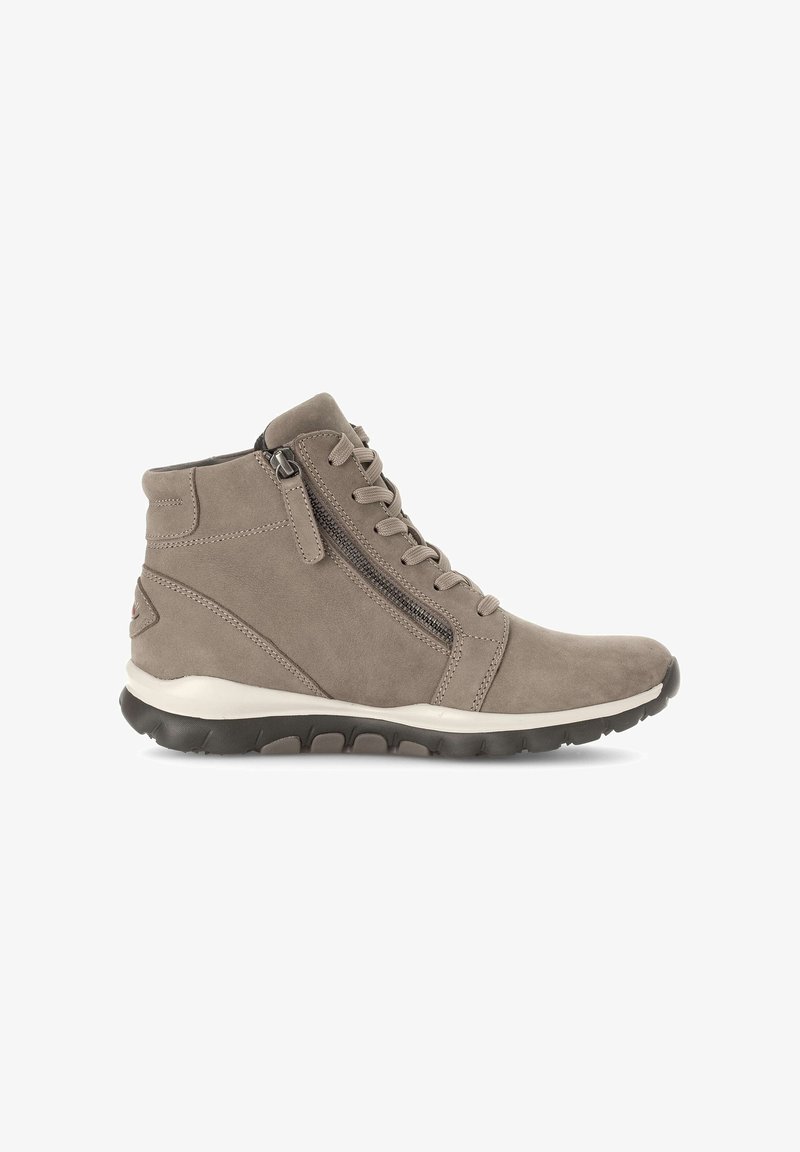 Grey suede ankle boots with a side zipper, textured finish, lace-up front, and black rubber sole featuring a flexible tread design.
