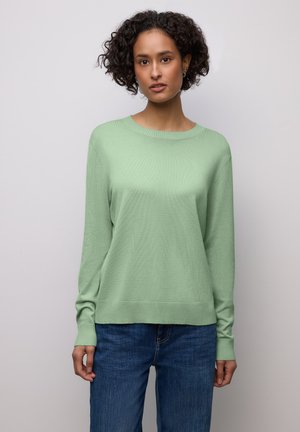 Pull tricoté vert clair avec un col rond et des manches longues, doté d'un ourlet et de poignets côtelés, porté avec un jean bleu.