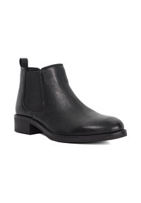 Black leather ankle boot with a rounded toe, elastic side panels, and a low block heel. Smooth texture with subtle stitching details.