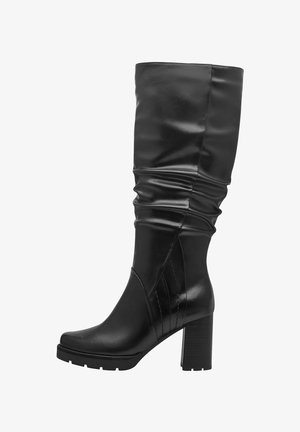 Bottes noires jusqu'au genou en cuir lisse, avec un design plissé, un épais talon bloc et des détails de couture verticale.