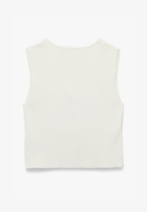Biała robiona na drutach bluzka bez rękawów z okrągłym dekoltem. Posiada gładką fakturę oraz krótką formę, z wykończeniami bez widocznych zapięć.