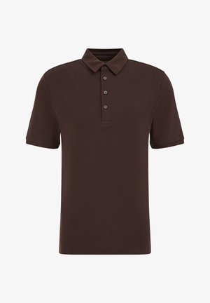 Polo a maniche corte di colore marrone scuro con colletto classico e patta con quattro bottoni, mostrata su sfondo bianco.