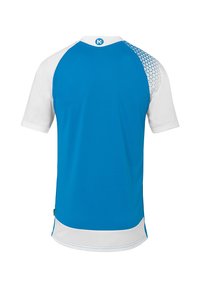 Chemise de sport à manches courtes bleu et blanche avec un col rond. Le dos présente un détail décoratif en bleu clair. Le tissu semble lisse et léger.