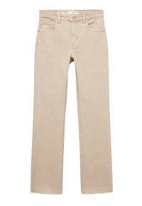 Beige denim jeans met een rechte pijp, voorzien van een rafelige zoom, vijf zakken en een knoopsluiting. Zachte textuur en minimale stiksels.