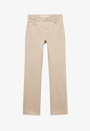 Blugi de denim bej cu un croi drept, având un tiv răsucit, cinci buzunare și închidere cu nasture. Textură moale și cusături minime.