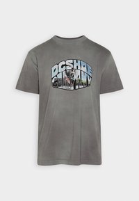 Gray cotton T-shirt featuring a large multicolored graphic text "DC SHOE COMPANY" with various images within the letters, crew neckline.