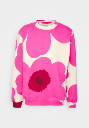 Felpa a maniche lunghe rosa e bianca con grande stampa floreale astratta in rosso e rosa scuro, girocollo e polsini e orlo a coste.