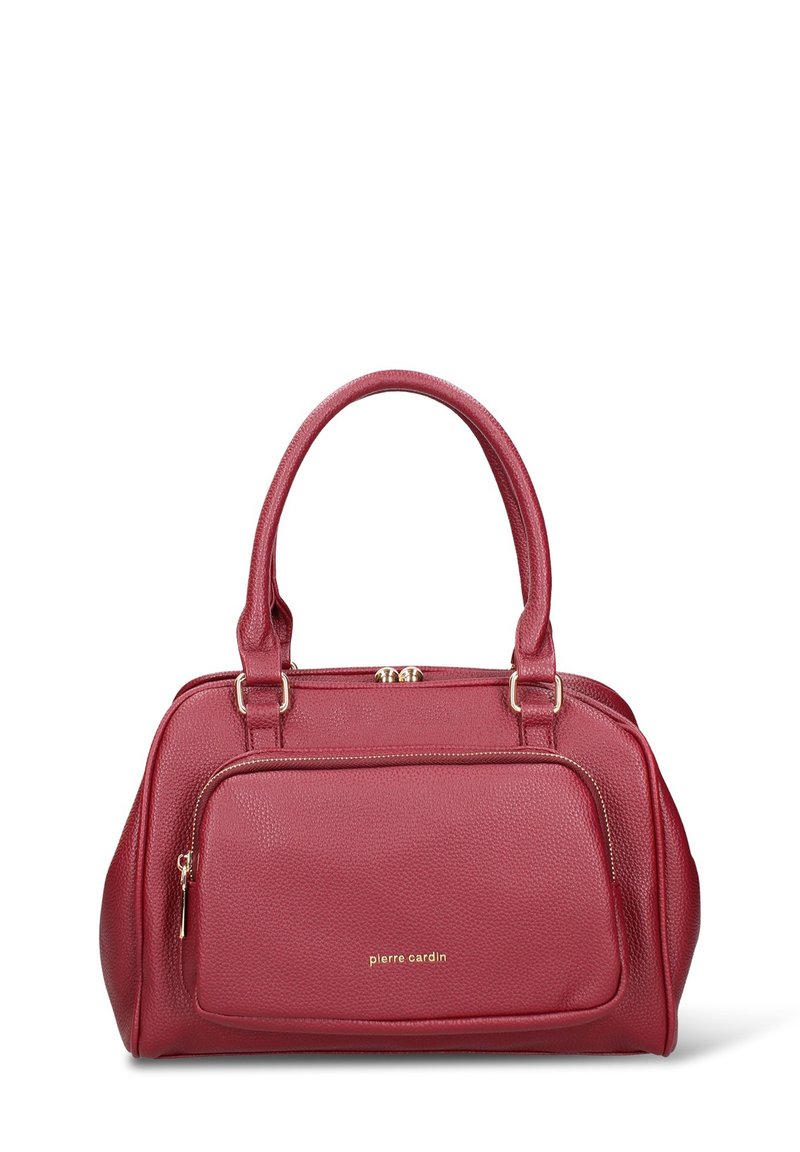 Borsa a mano in pelle rossa con texture, dotata di due manici superiori, una tasca frontale con zip, dettagli in metallo dorato e un logo dorato sul davanti.