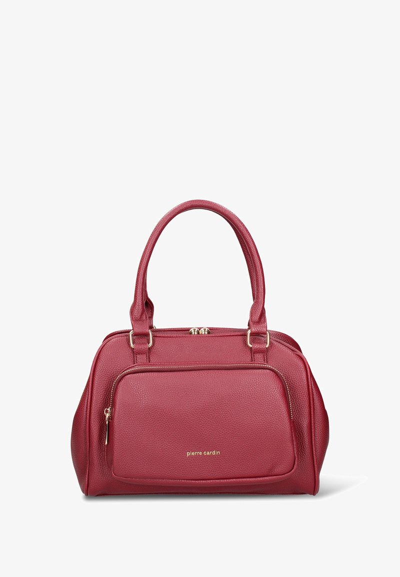 Borsa a mano in pelle rossa con texture, dotata di due manici superiori, una tasca frontale con zip, dettagli in metallo dorato e un logo dorato sul davanti.