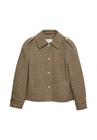 Bruine en zwarte geblokte cropped jacket met een kraag, knoopsluitingen en lange mouwen. Textuurstof met een klassiek patroon.