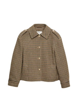 Bruine en zwarte geblokte cropped jacket met een kraag, knoopsluitingen en lange mouwen. Textuurstof met een klassiek patroon.