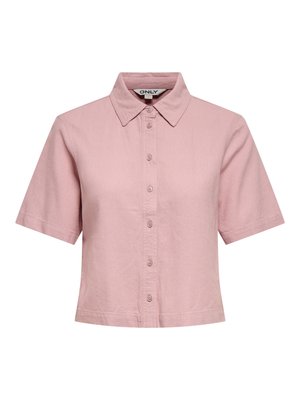 Lyhythihainen, napillinen vaaleanpunainen paita, jossa on kärkikaulus ja lyhennetty helma, valmistettu teksturoidusta kankaasta.